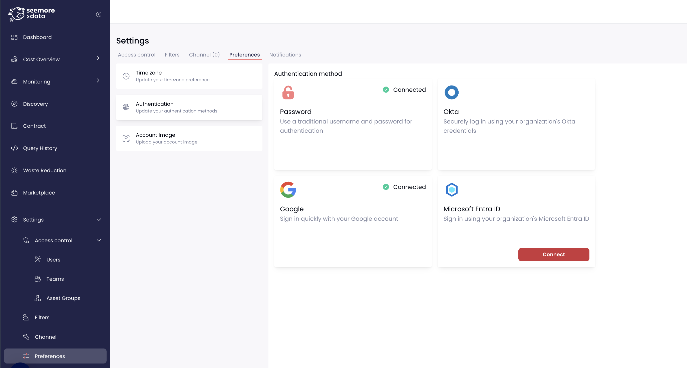 Seemore authentication settings showing available SSO providers including Microsoft Entra ID