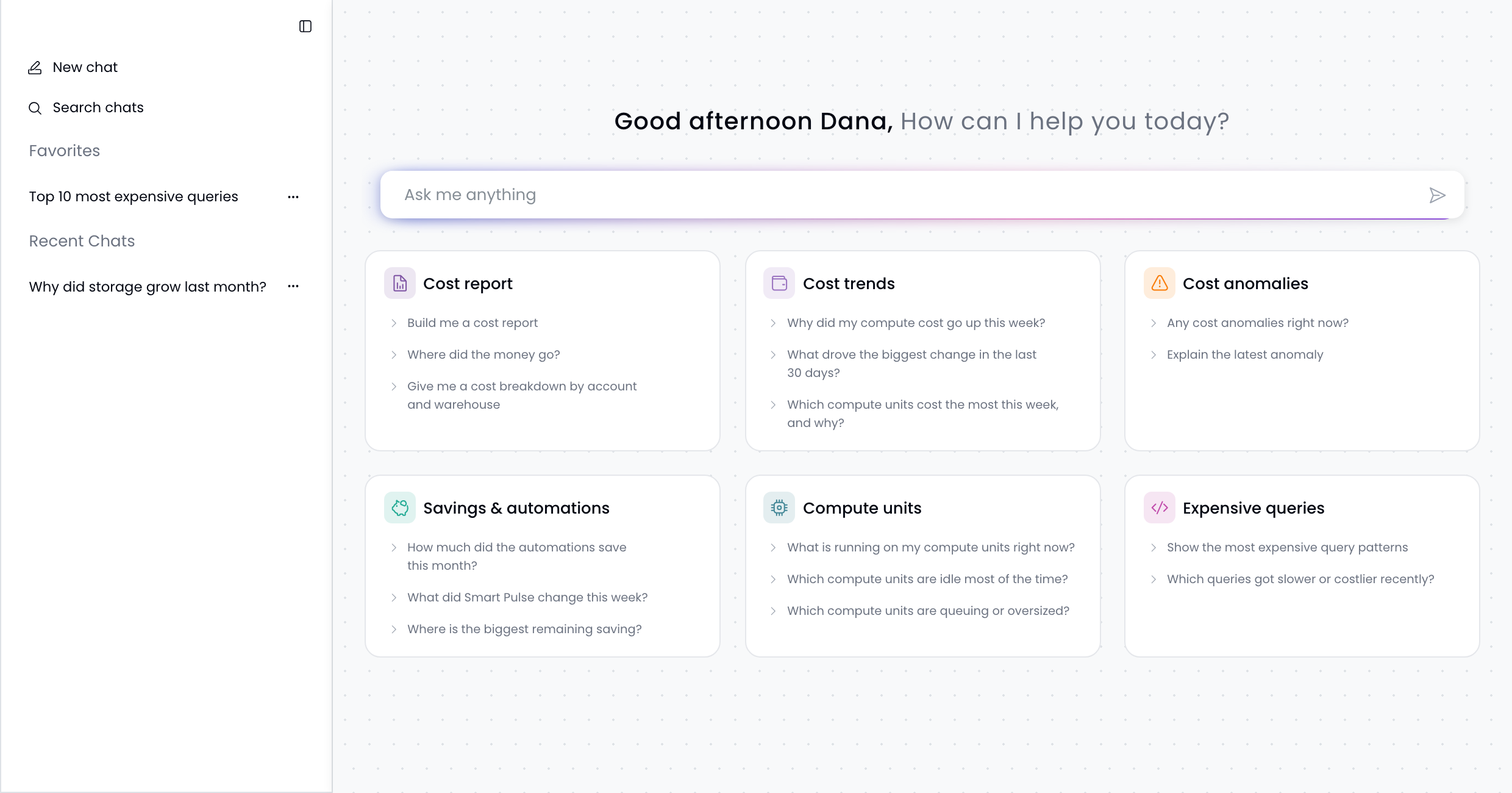 Seemore Assistant full page with a greeting, a message box, and suggested questions grouped by topic