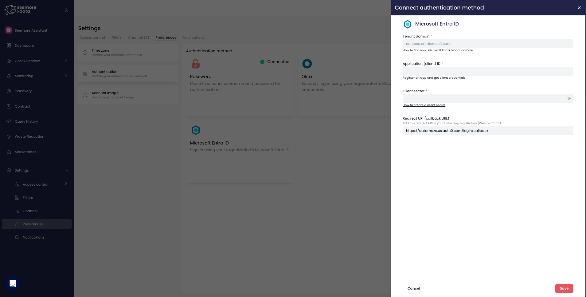 Microsoft Entra ID connection form in Seemore with tenant domain, client ID, client secret, and redirect URI fields