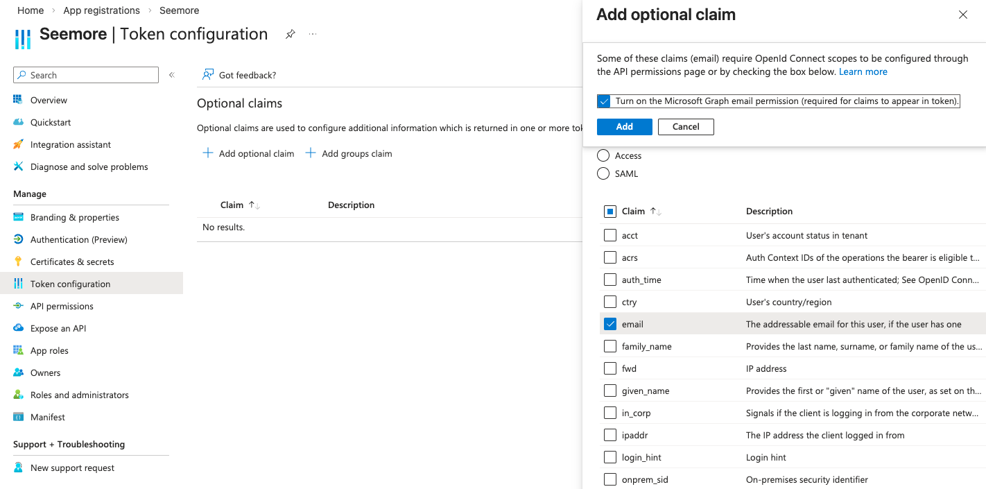 Add optional claim dialog with the email claim selected