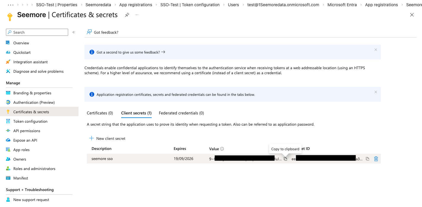 Certificates and secrets page with a client secret created