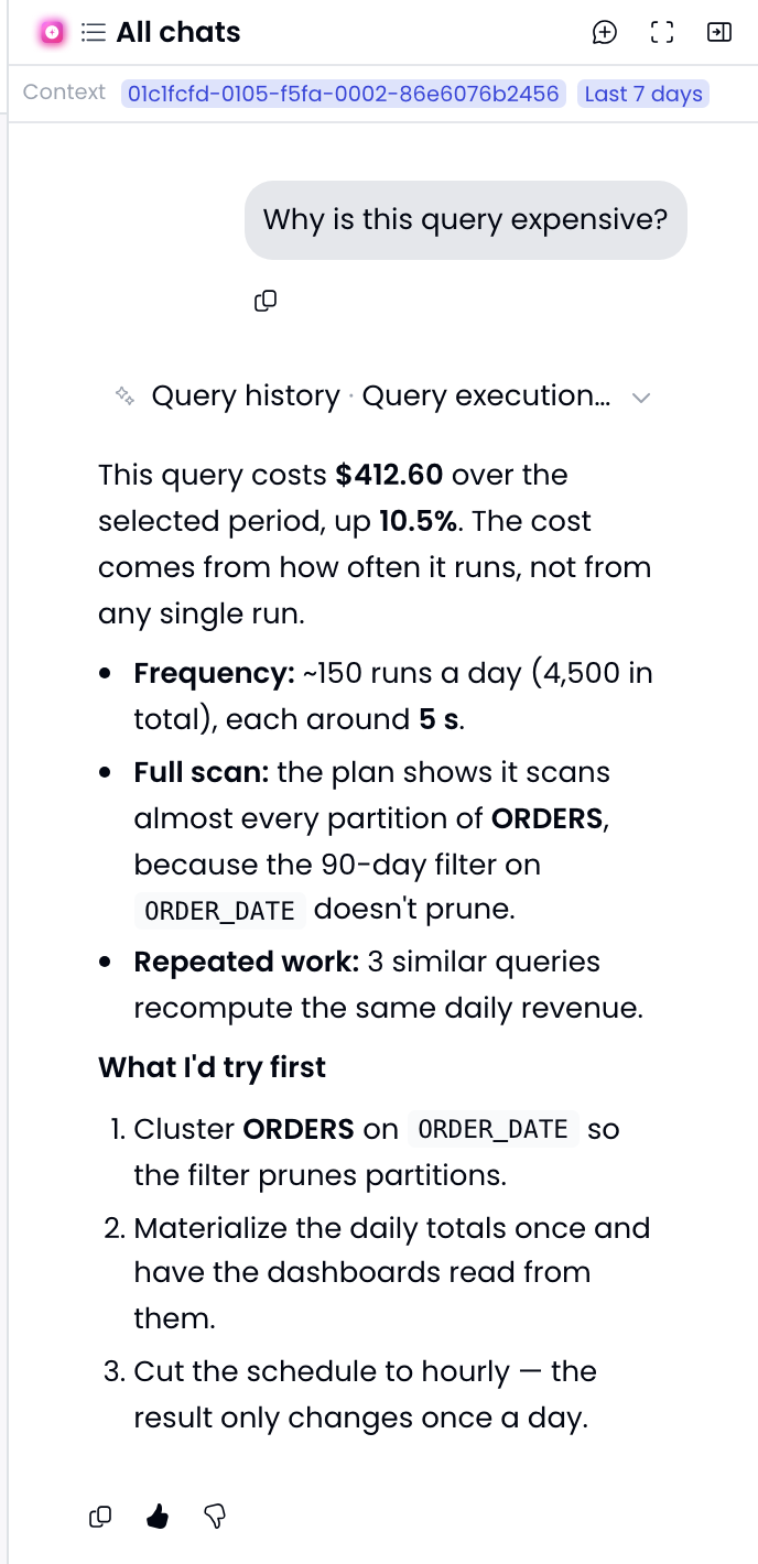 Seemore Assistant sidebar answering Why is this query expensive? for the query shown in the Context bar