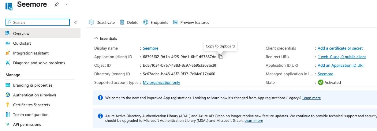 App registration overview page showing the Application (client) ID