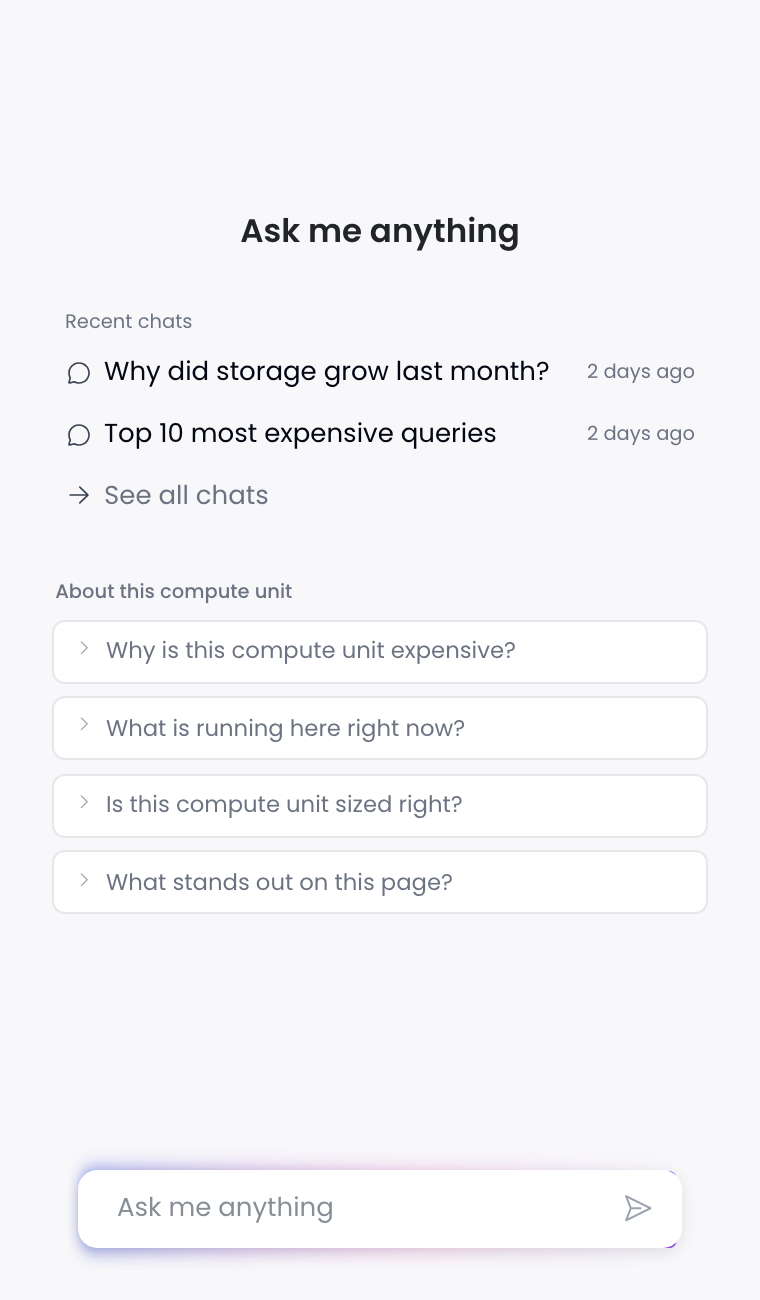 Seemore Assistant sidebar on a compute unit page with suggestions: Why is this compute unit expensive, What is running here right now, Is this compute unit sized right