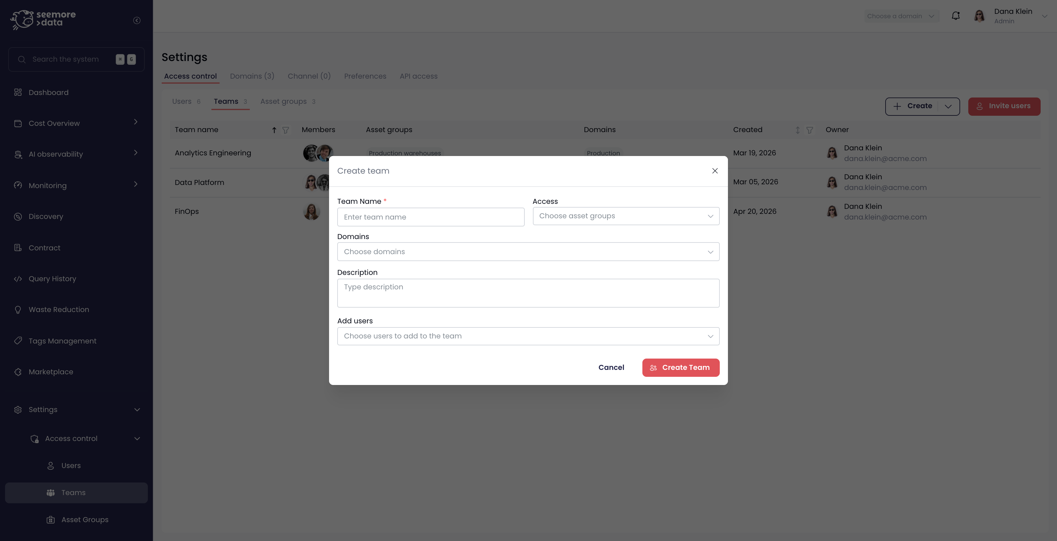 The Create team dialog