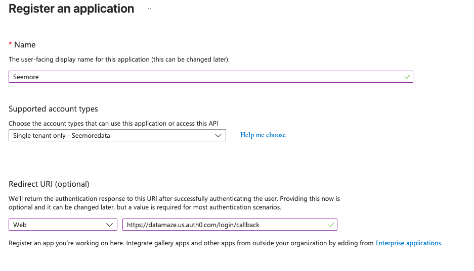 Register an application form in the Azure portal with name, account type, and redirect URI fields