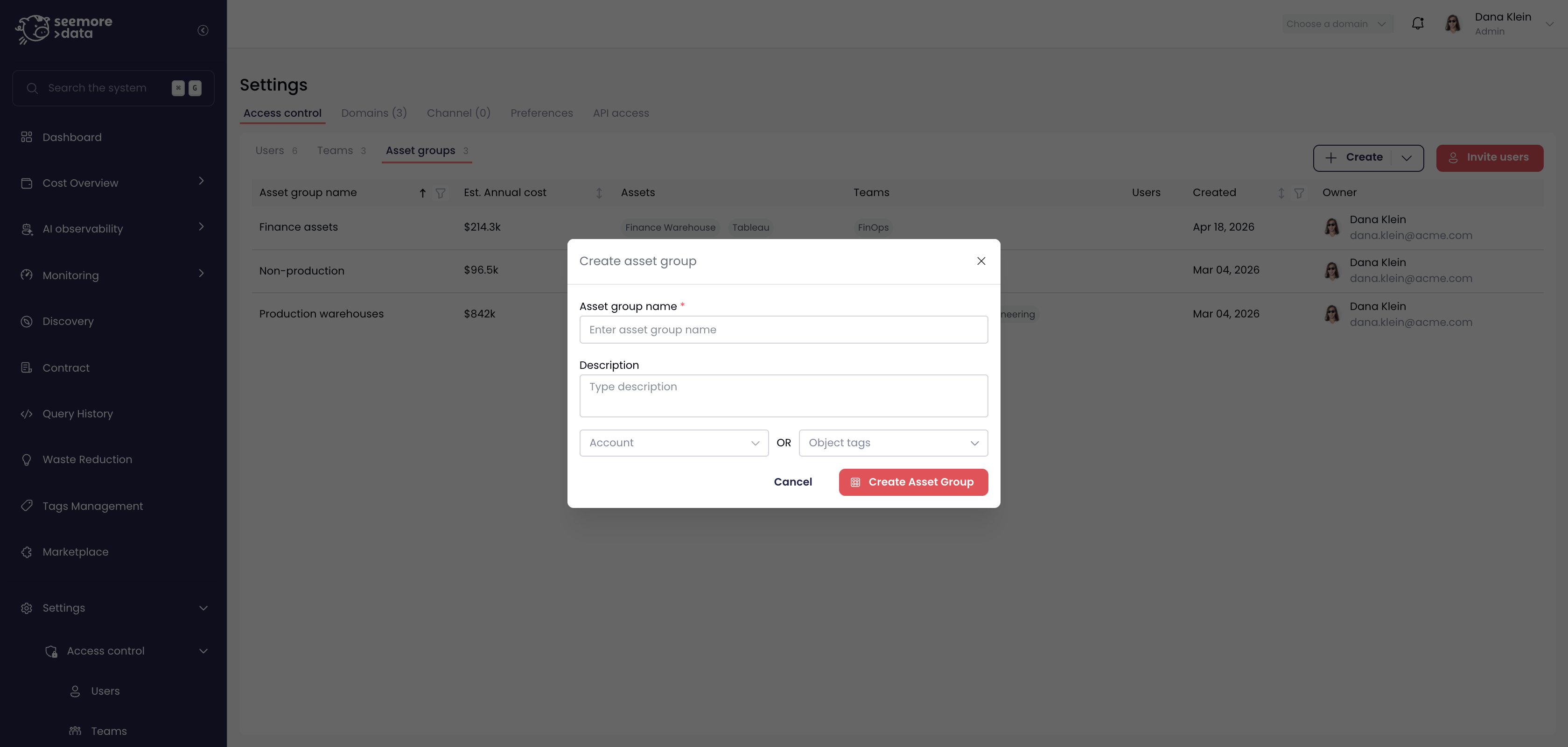 The Create asset group dialog