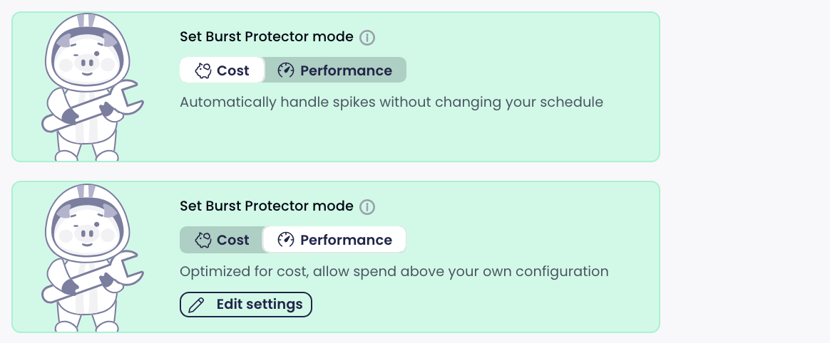 The Set Burst Protector mode card in Cost mode and in Performance mode