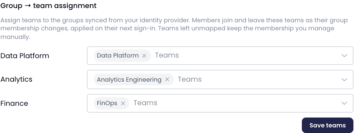 The Group → team assignment section