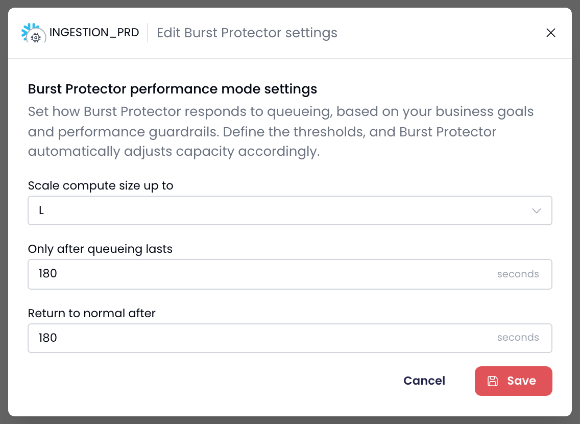 Edit Burst Protector settings dialog for a Standard warehouse, with the Scale compute size up to field