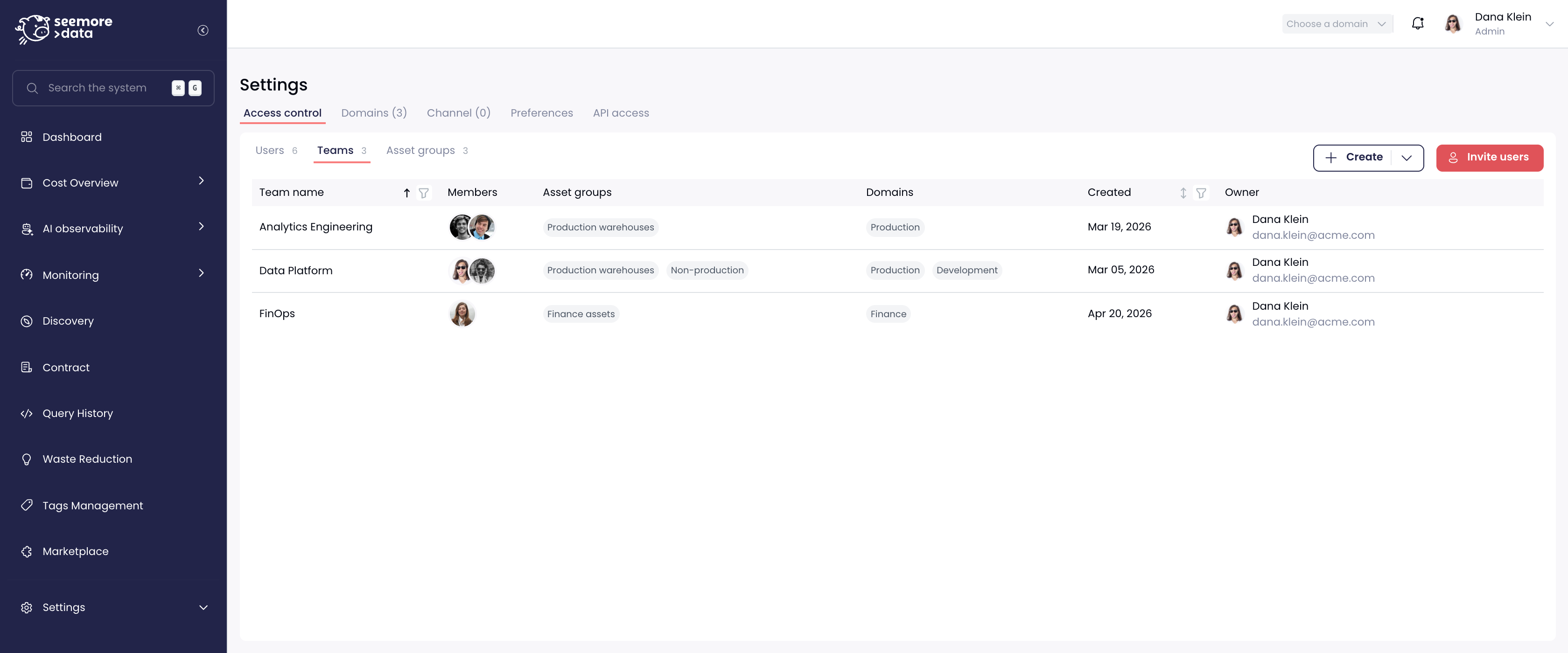 The Teams tab under Settings → Access control
