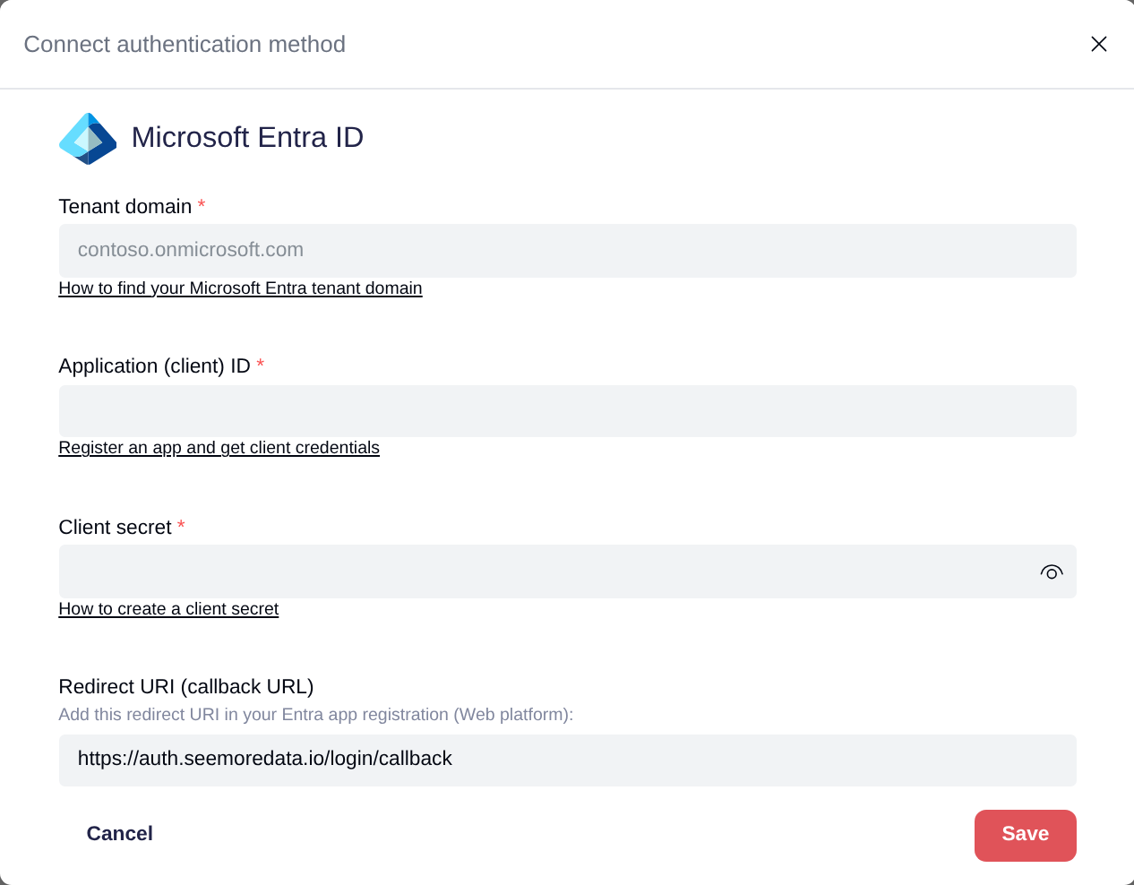 Microsoft Entra ID connection form in Seemore with tenant domain, client ID, client secret, and redirect URI fields